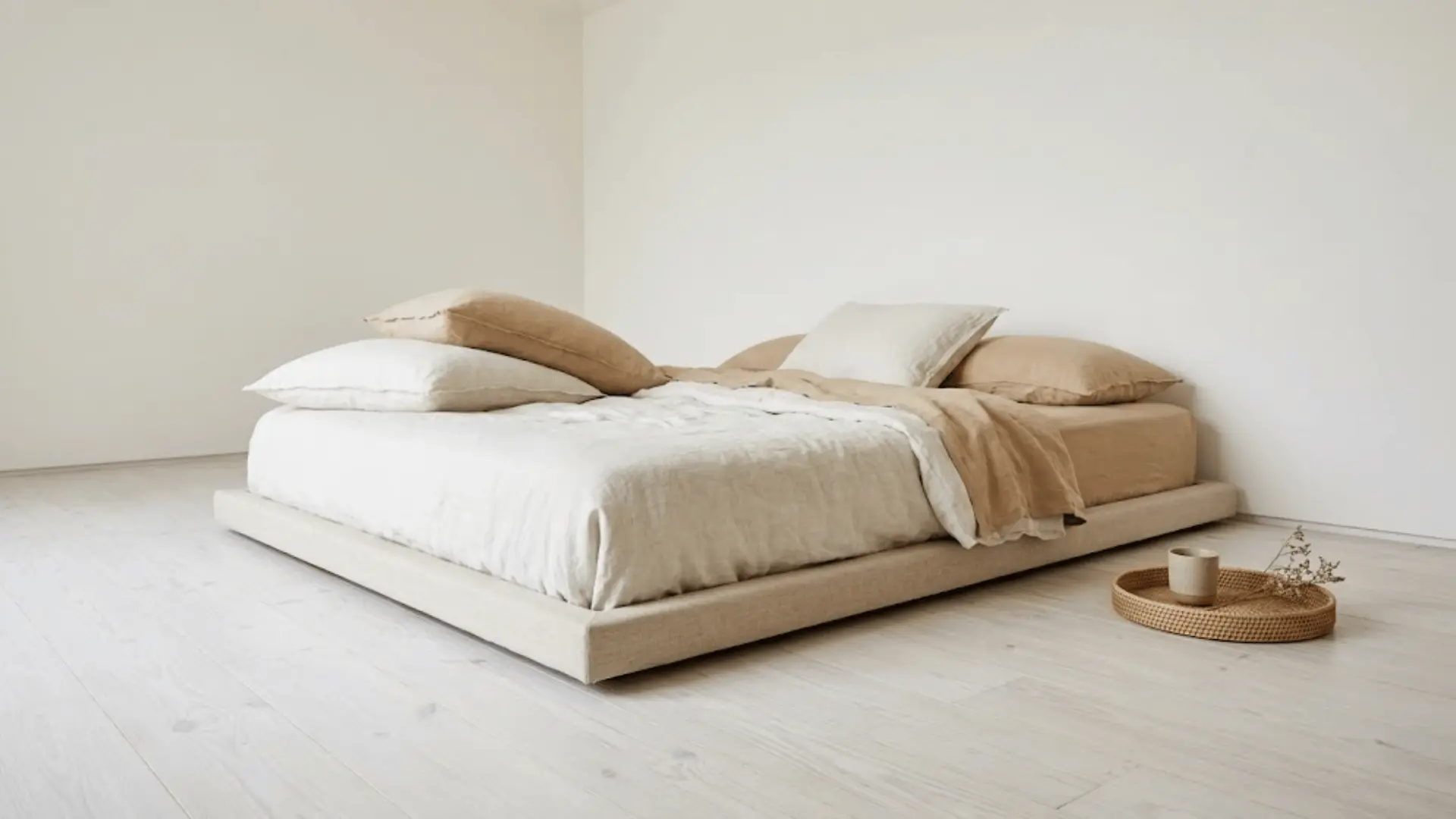 ultra-low platform bed with linen upholstery and layered neutral bedding close to the floor