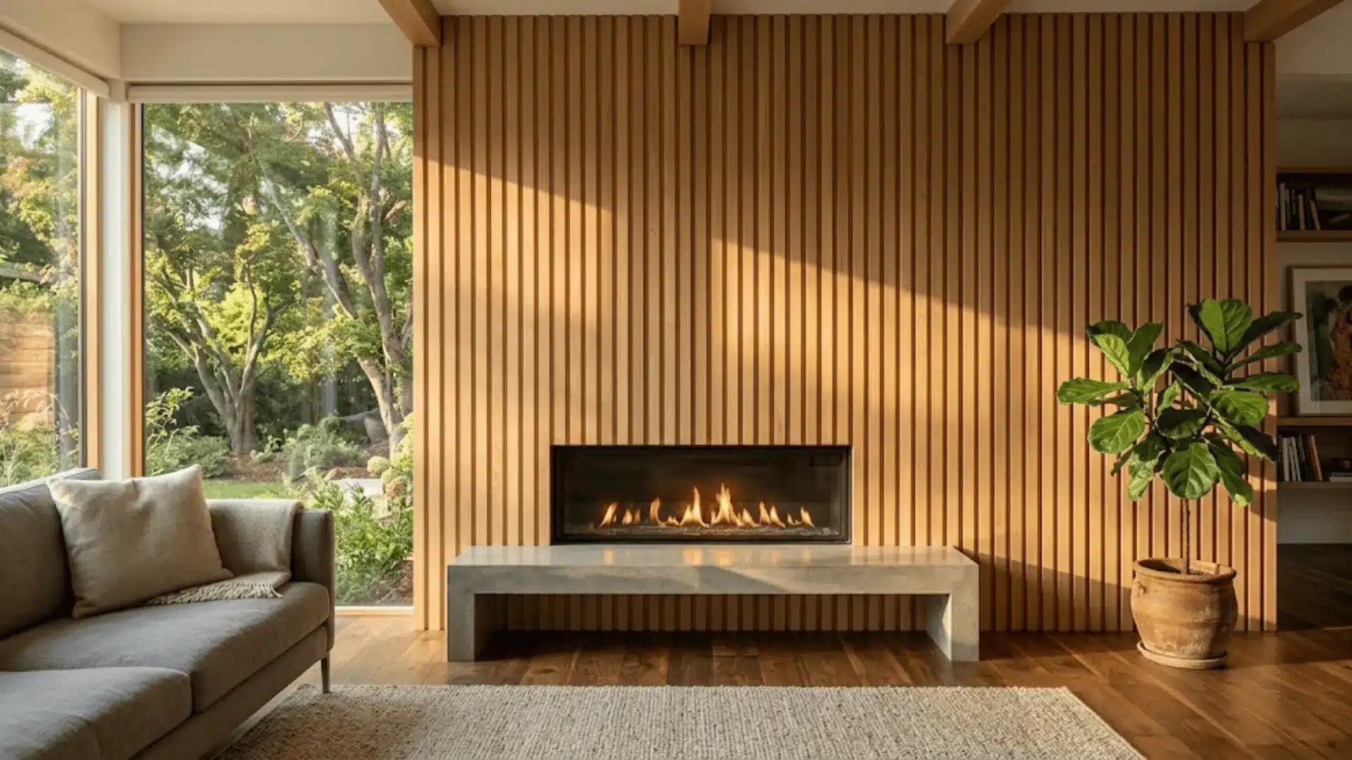 vertical oak wood slat fireplace accent wall with linear fireplace in a warm modern living room