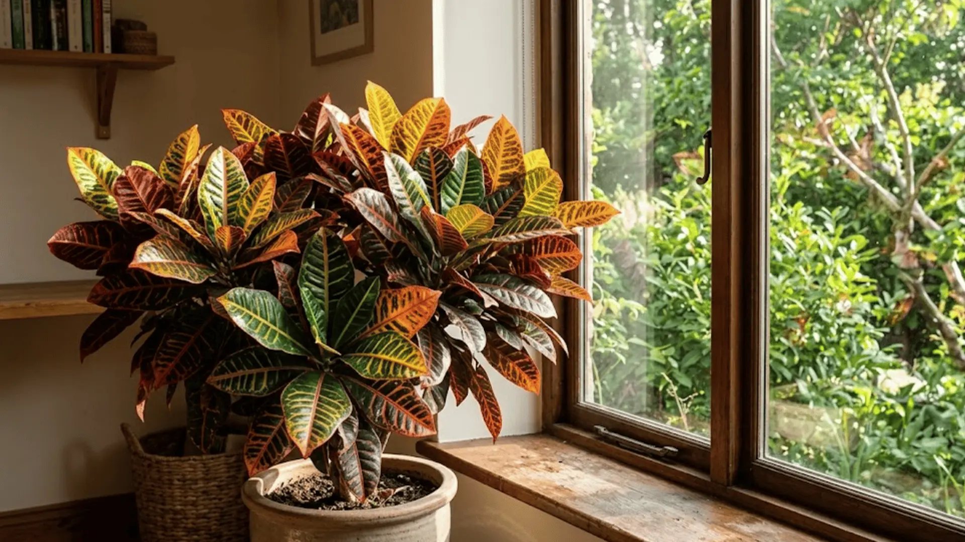 vibrant croton plant with multicolored leaves in burgundy orange and yellow beside a sunlit interior window