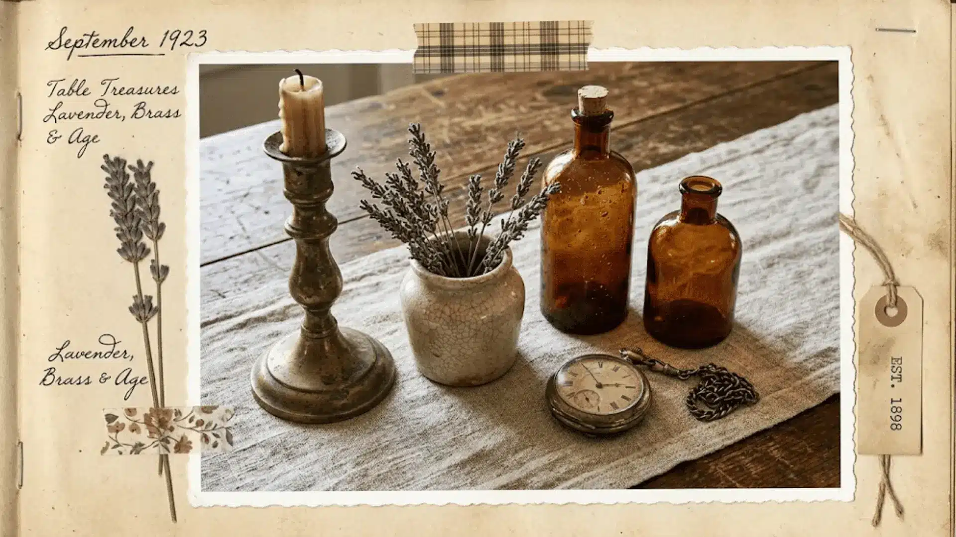vintage brass candlestick antique ceramic pot amber bottles and pocket watch as dining table centerpiece