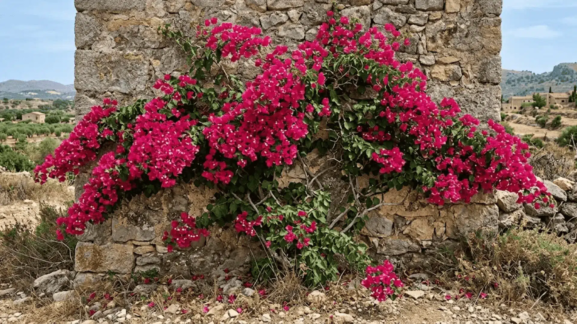 vivid magenta bougainvillea sprawling over a dry weathered stone wall in full natural sunlight