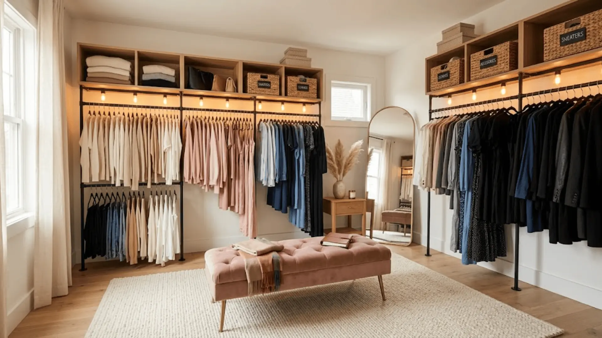 walk-in closet conversion with black clothing racks, color-organized garments, velvet bench, and brass mirror