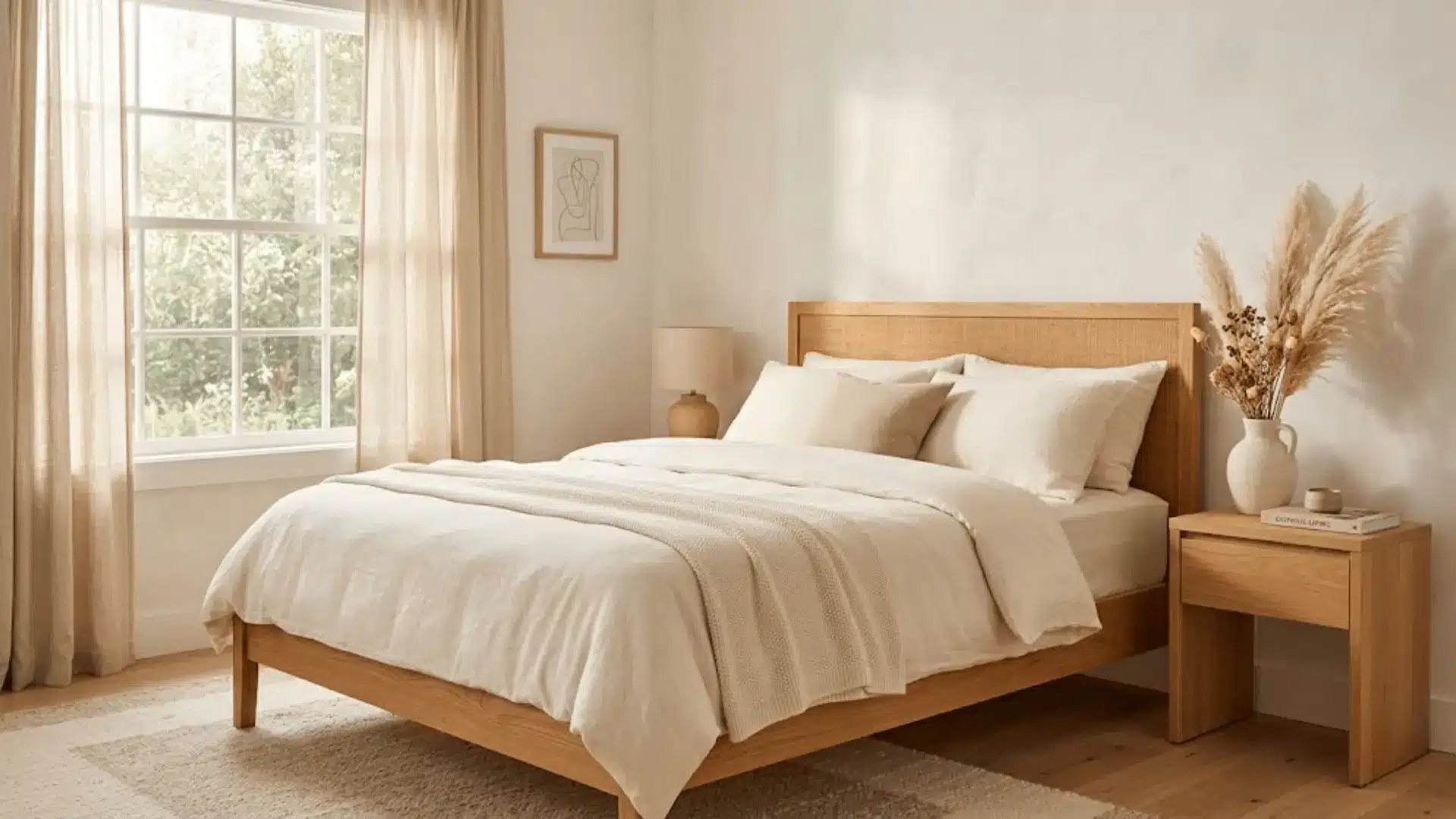 warm beige and cream bedroom with oak bed frame, linen bedding, and dried pampas grass in afternoon light