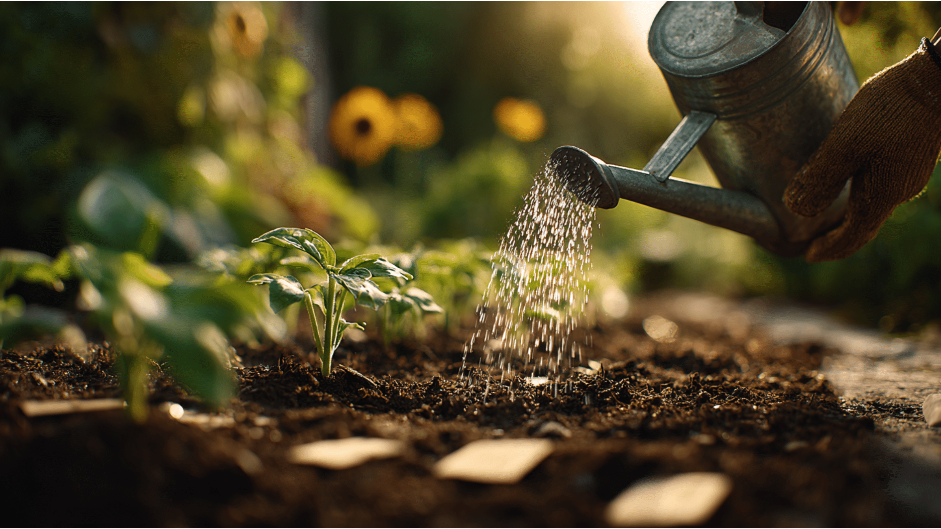 watering young sunflower seedlings in a backyard garden