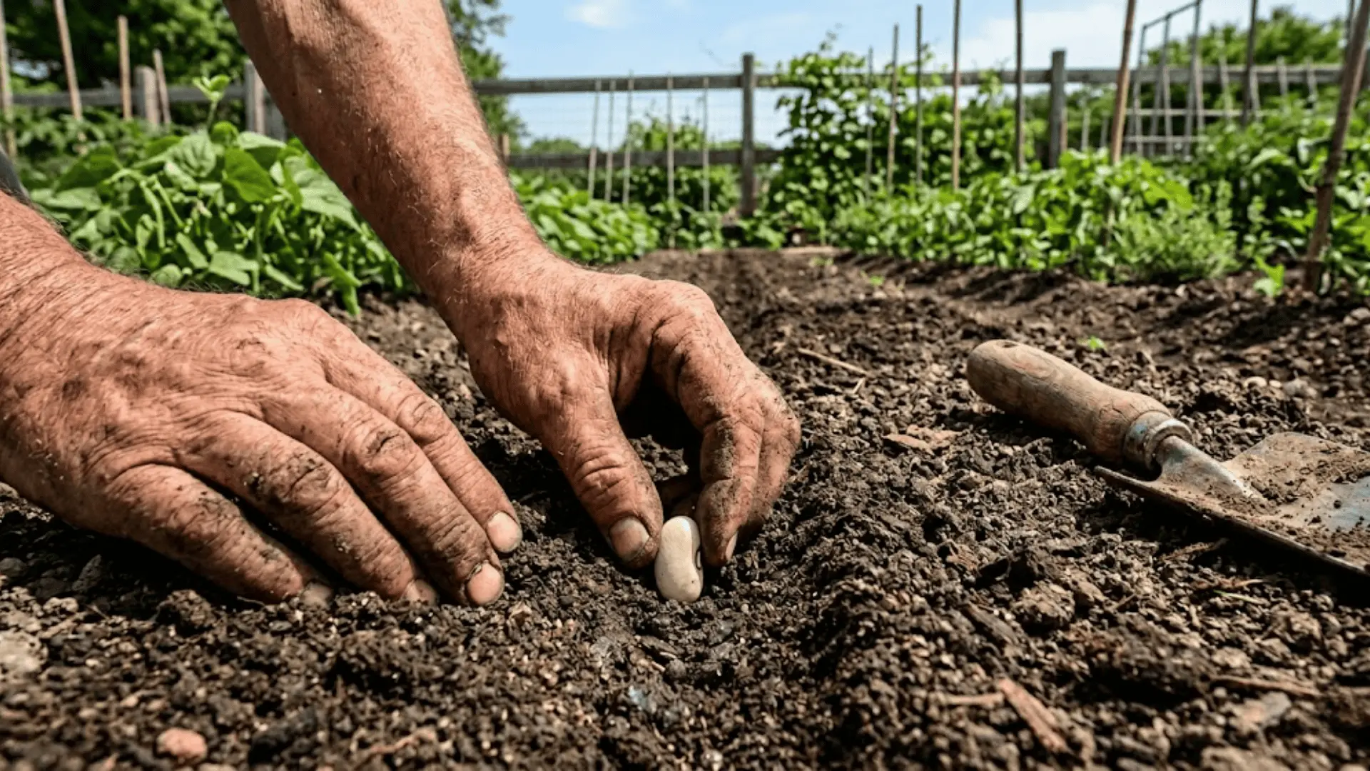 weathered hands pressing a dry green bean seed into dark freshly turned garden soil in warm natural sunlight