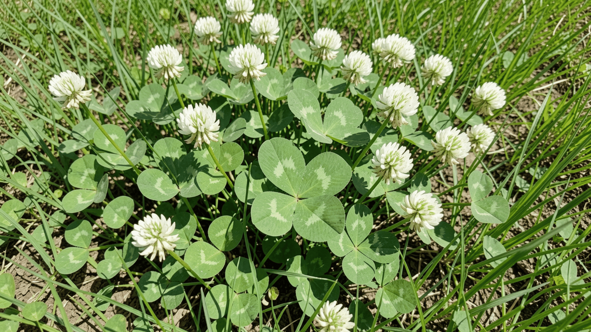 white clover growing in lawn with round green leaves and white flower heads scattered across grassy field outdoors