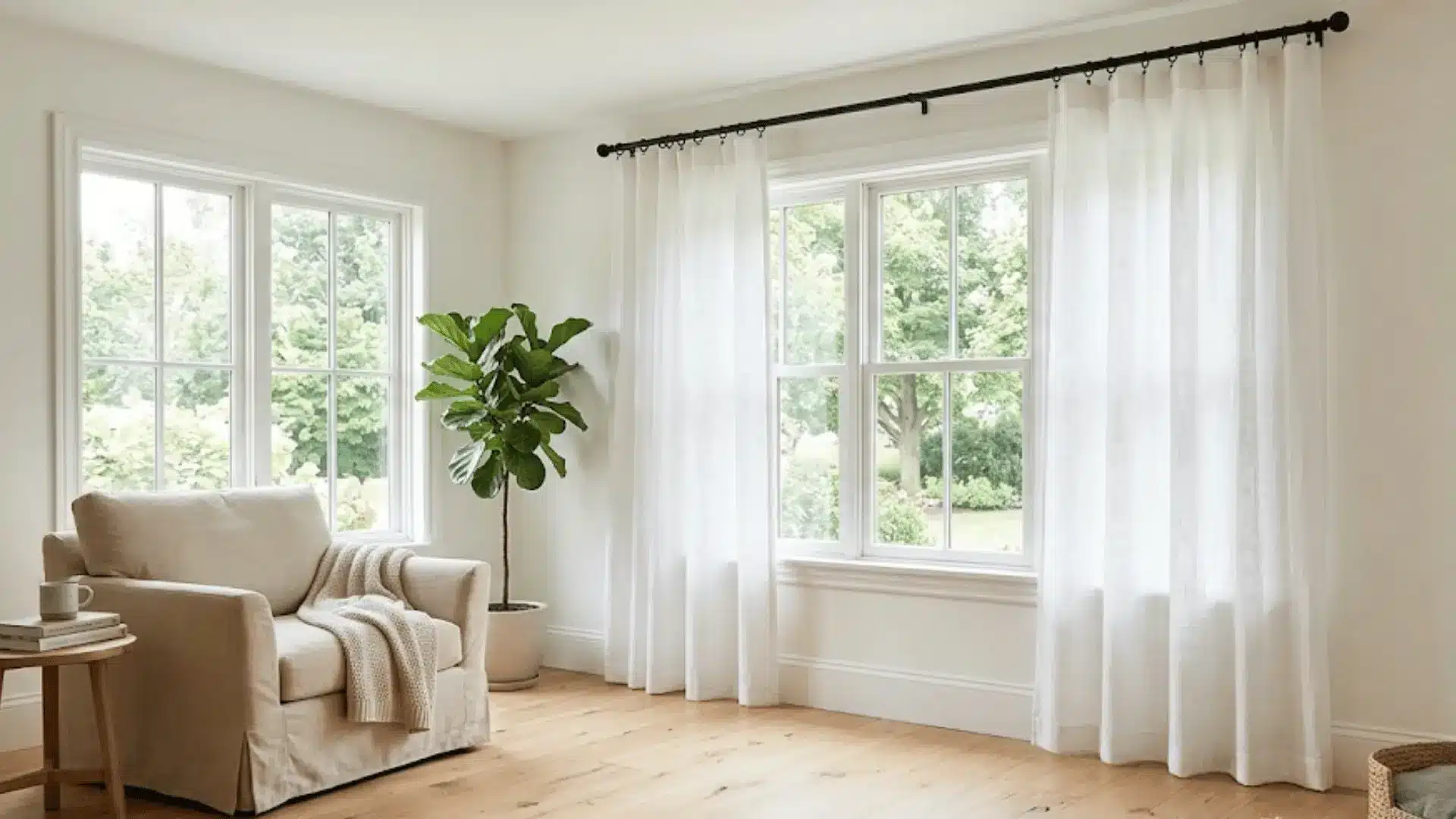 white cotton curtains floating just above light oak floor in a bright airy room with a clean visible hem gap