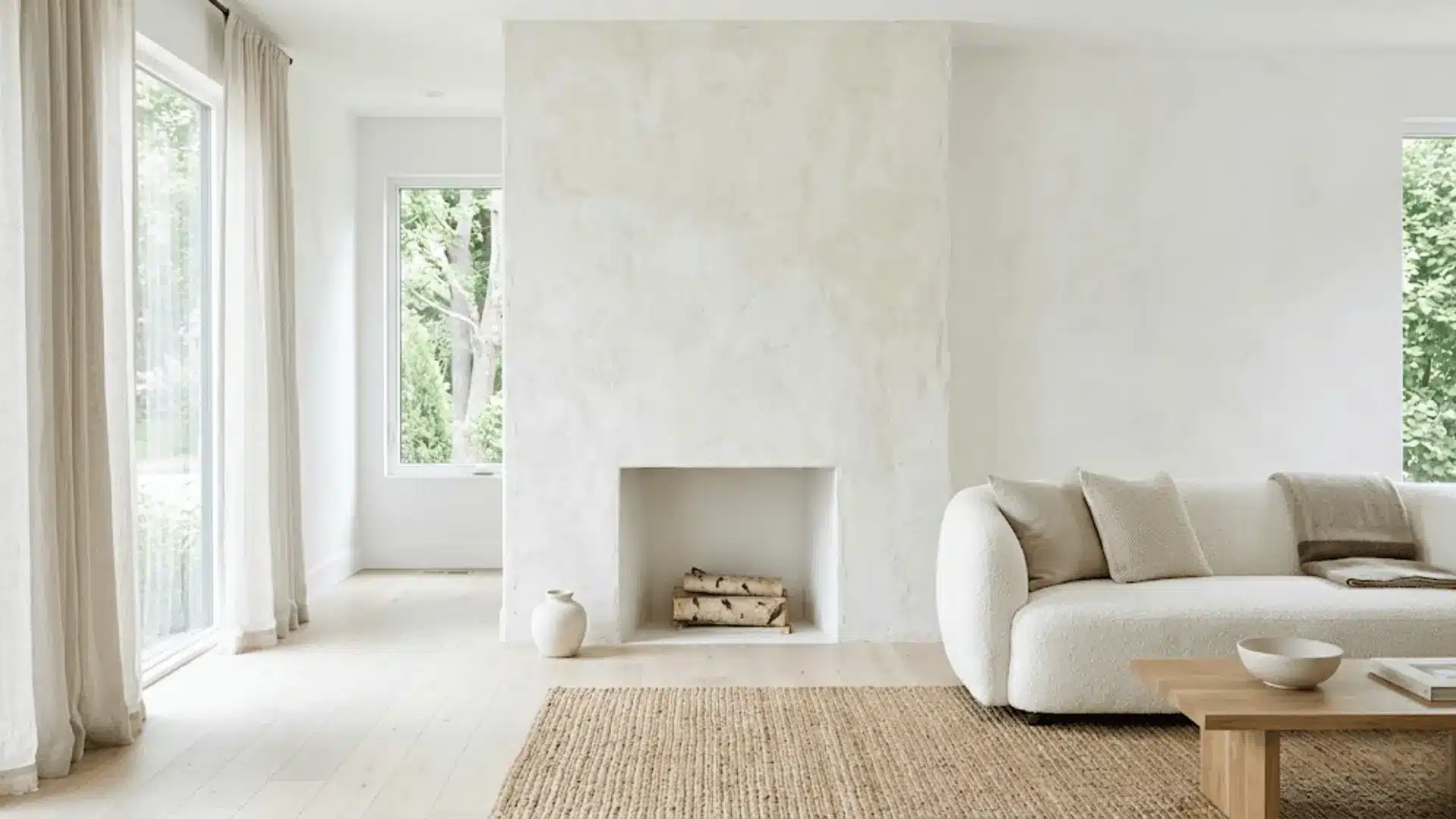 white limewash textured fireplace accent wall in a bright airy minimalist living room
