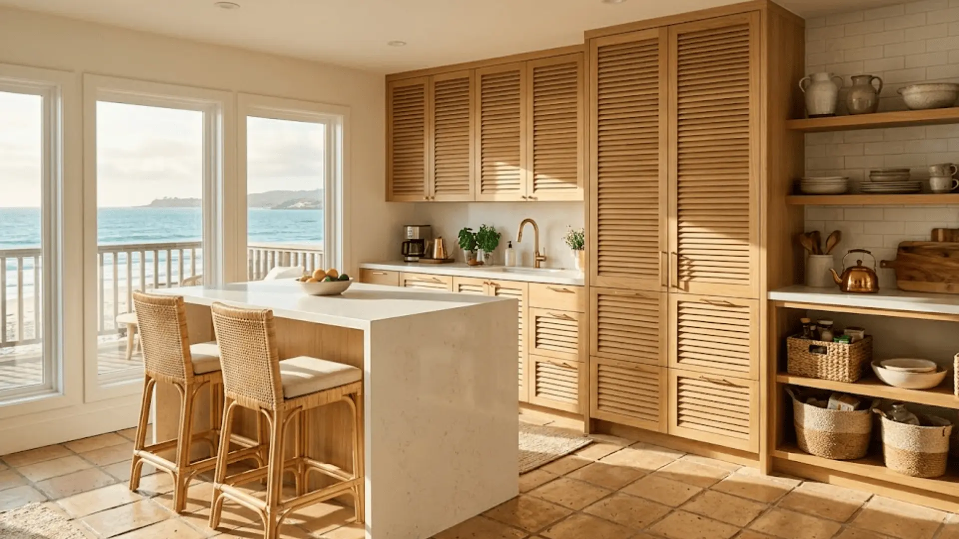 white oak louvered cabinet doors in a coastal kitchen with terracotta tile floors and rattan barstools