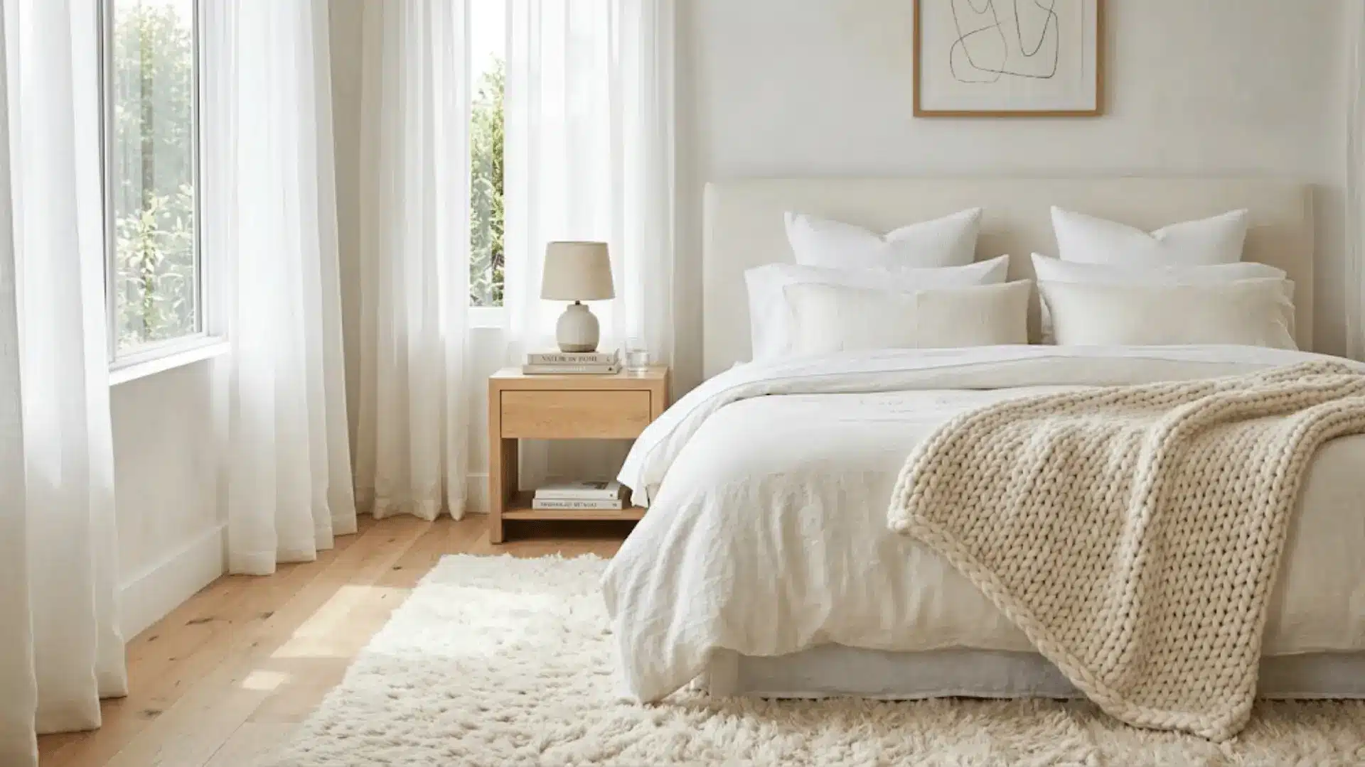 white-on-white bedroom with layered linen bedding, chunky knit throw, and shaggy ivory rug in natural light