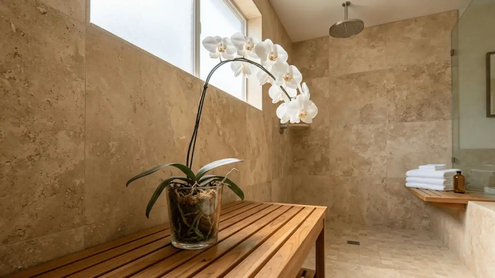 white orchid on a teak shower bench inside a stone spa bathroom with soft natural overhead light