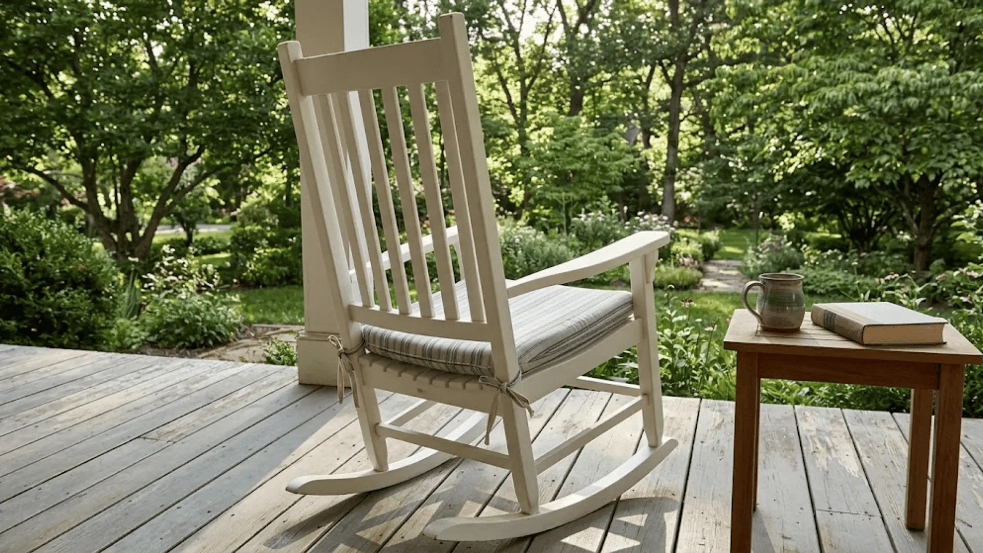white painted rocking chair with striped cushion on a timber porch overlooking a lush green garden