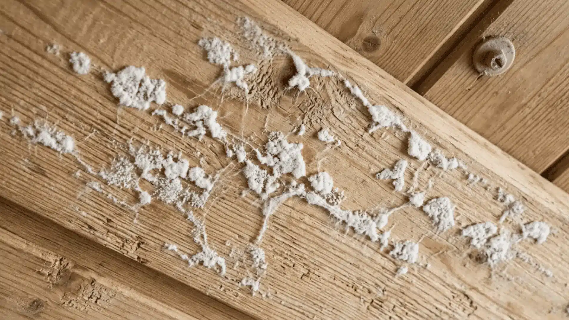 white powdery fluffy mold colonies spreading across wooden bathroom ceiling board surface