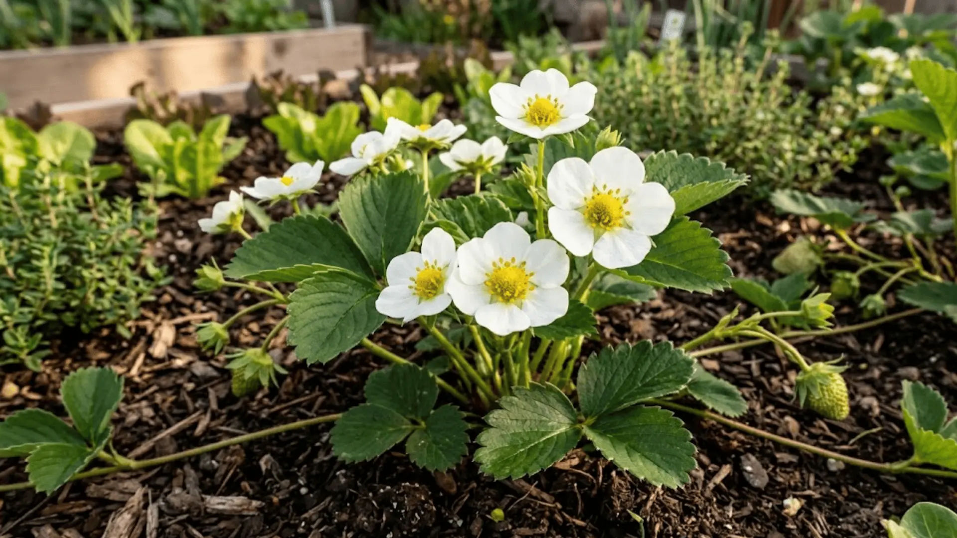 white strawberry flowers with yellow centers blooming among deep green leaves in a garden