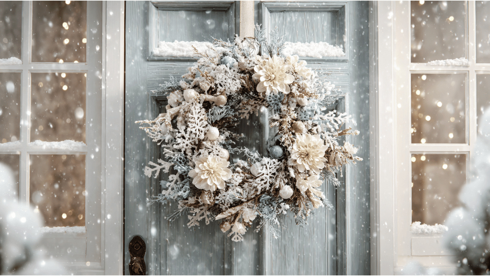 winter snowflake wreath with white flowers frosted greenery and snowy branches hanging on a pale blue front door