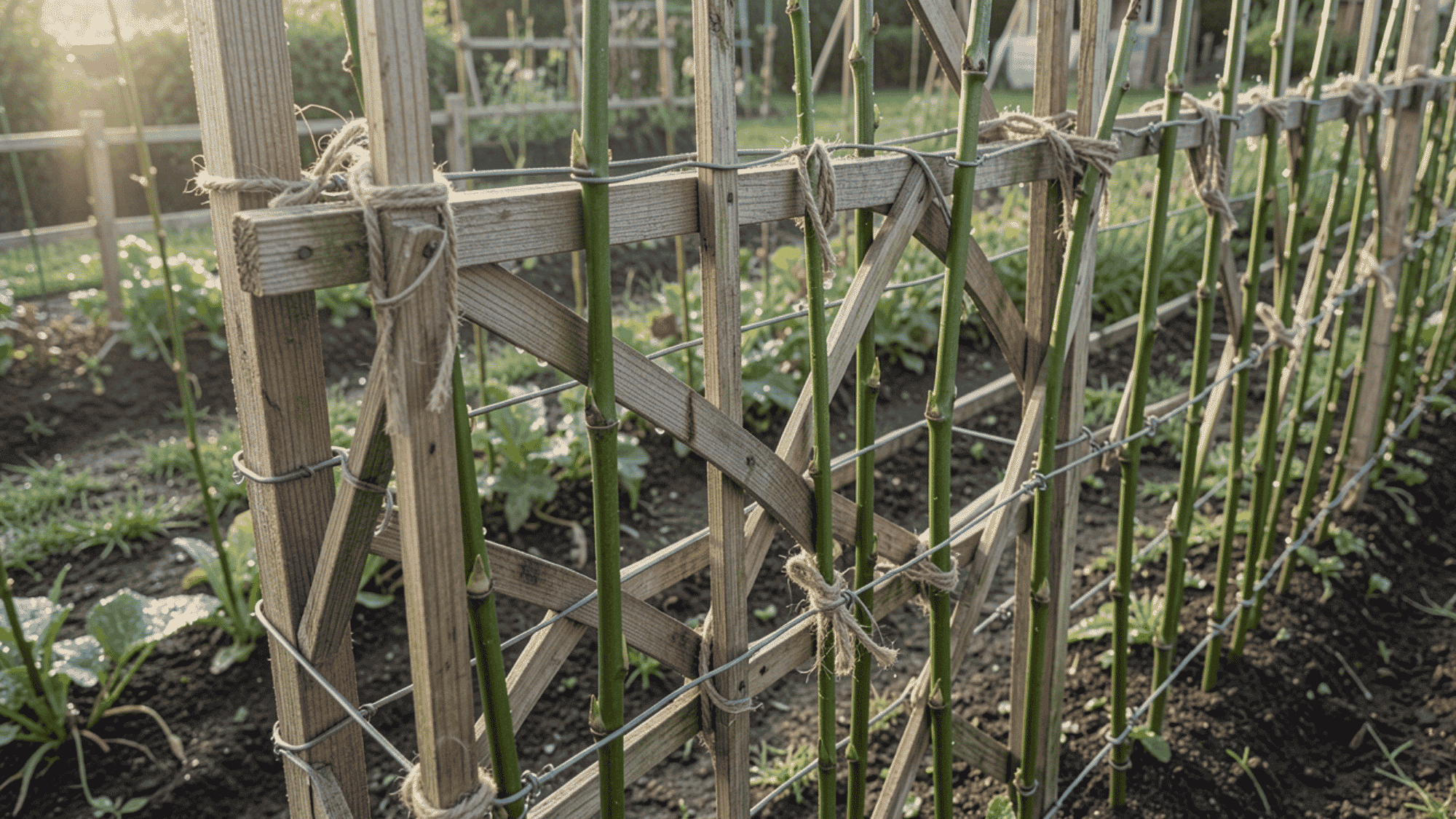 wooden trellis with wire support installed in a garden row holding young raspberry canes upright