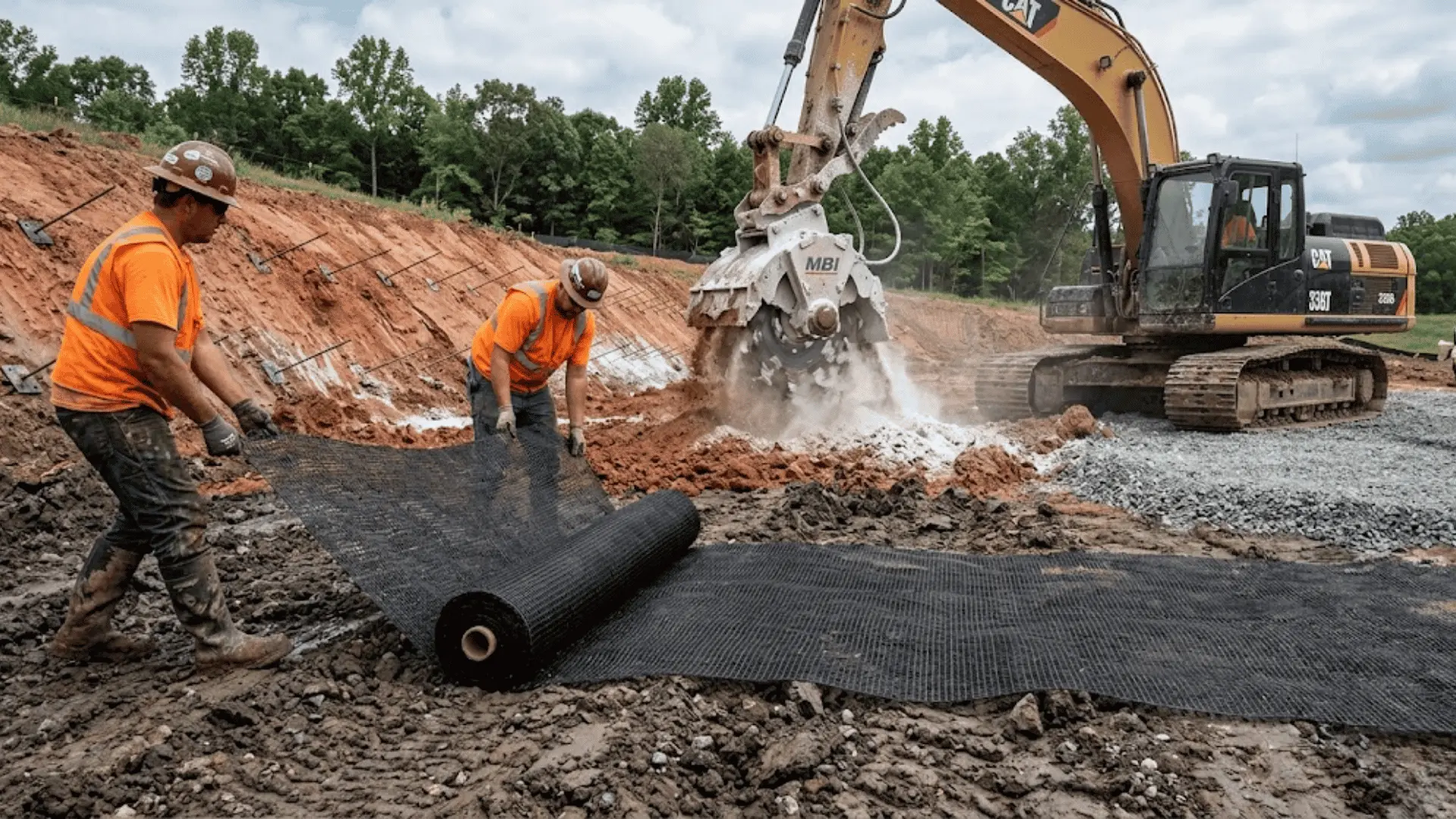 workers laying geotextile fabric and mixing lime into clay soil at an active stabilization site