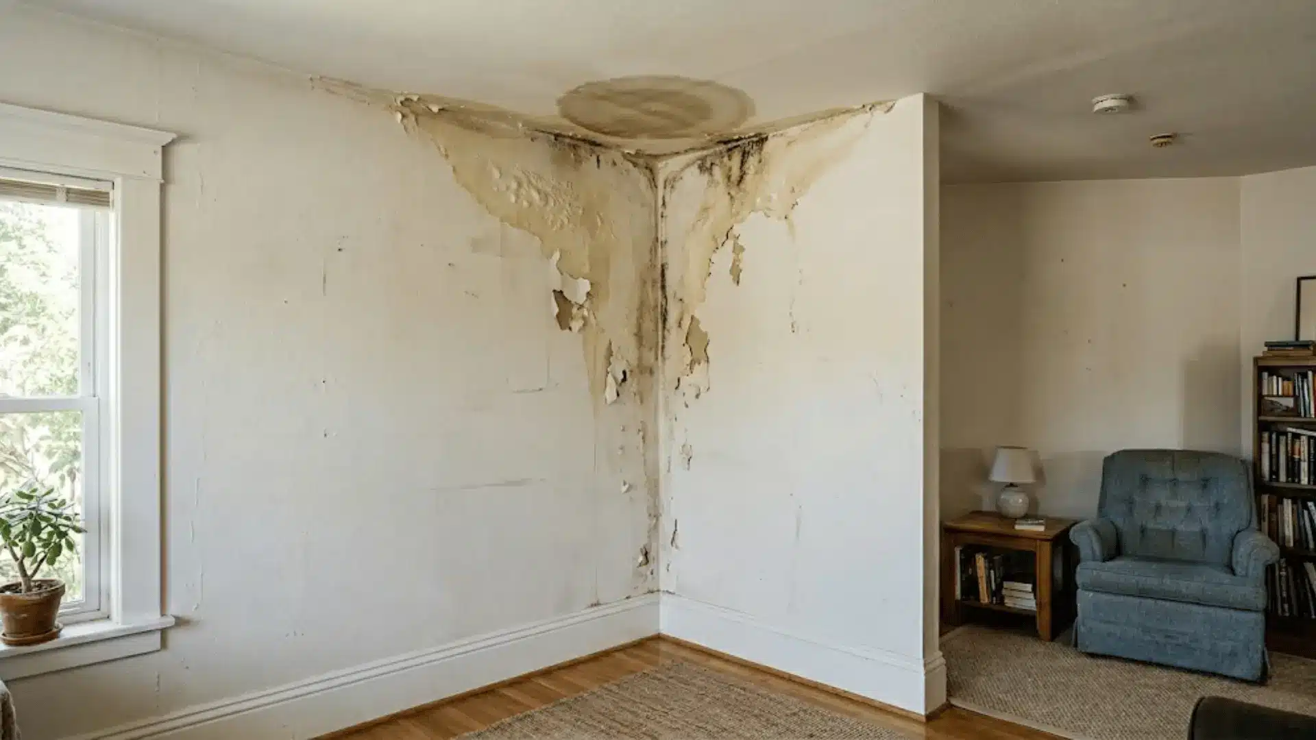 yellow brown water stain bleeding from ceiling onto wall with peeling paint in a natural light filled living room