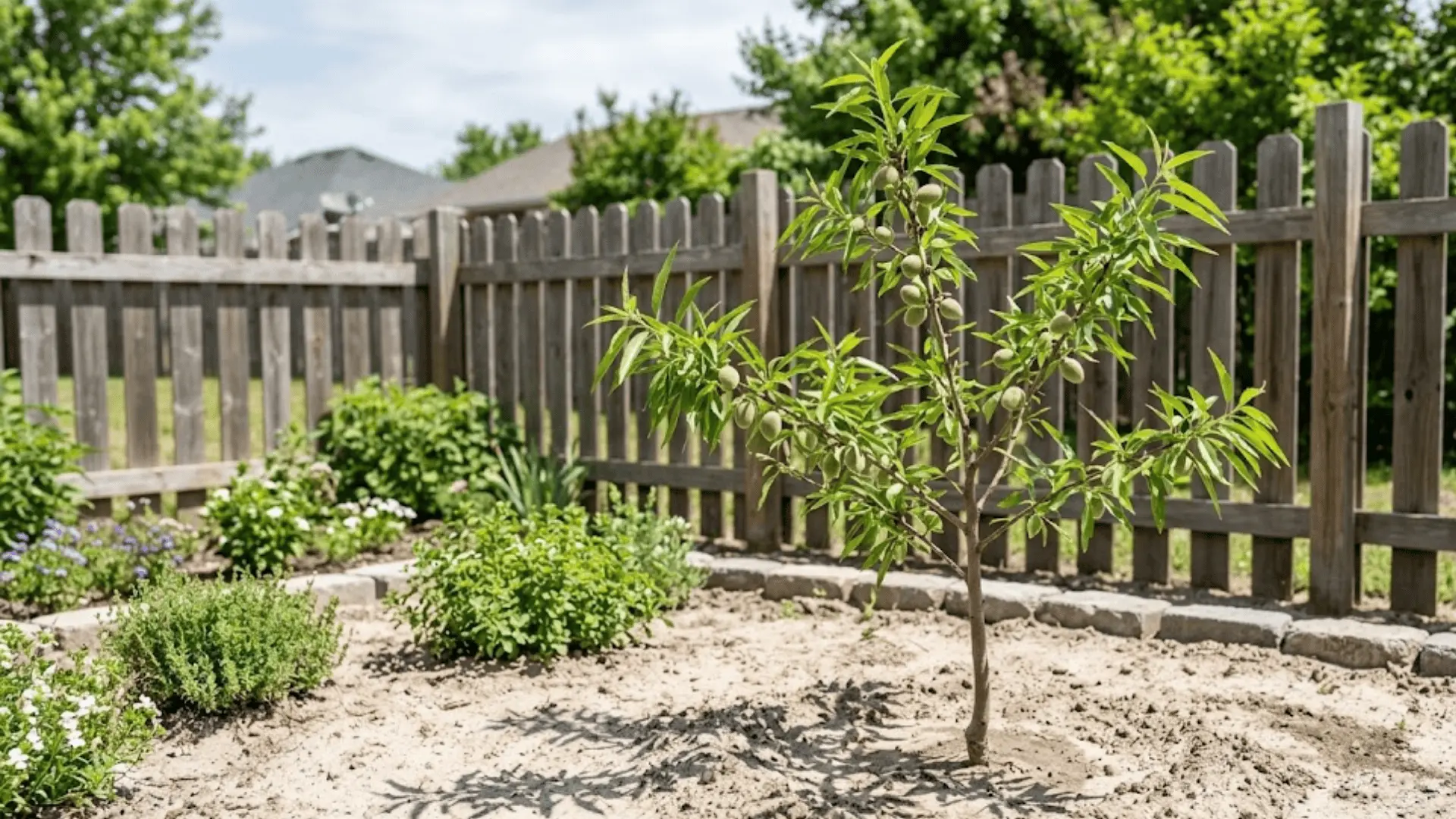 young almond tree growing in a sunny residential backyard garden with sandy soil and early green fruit