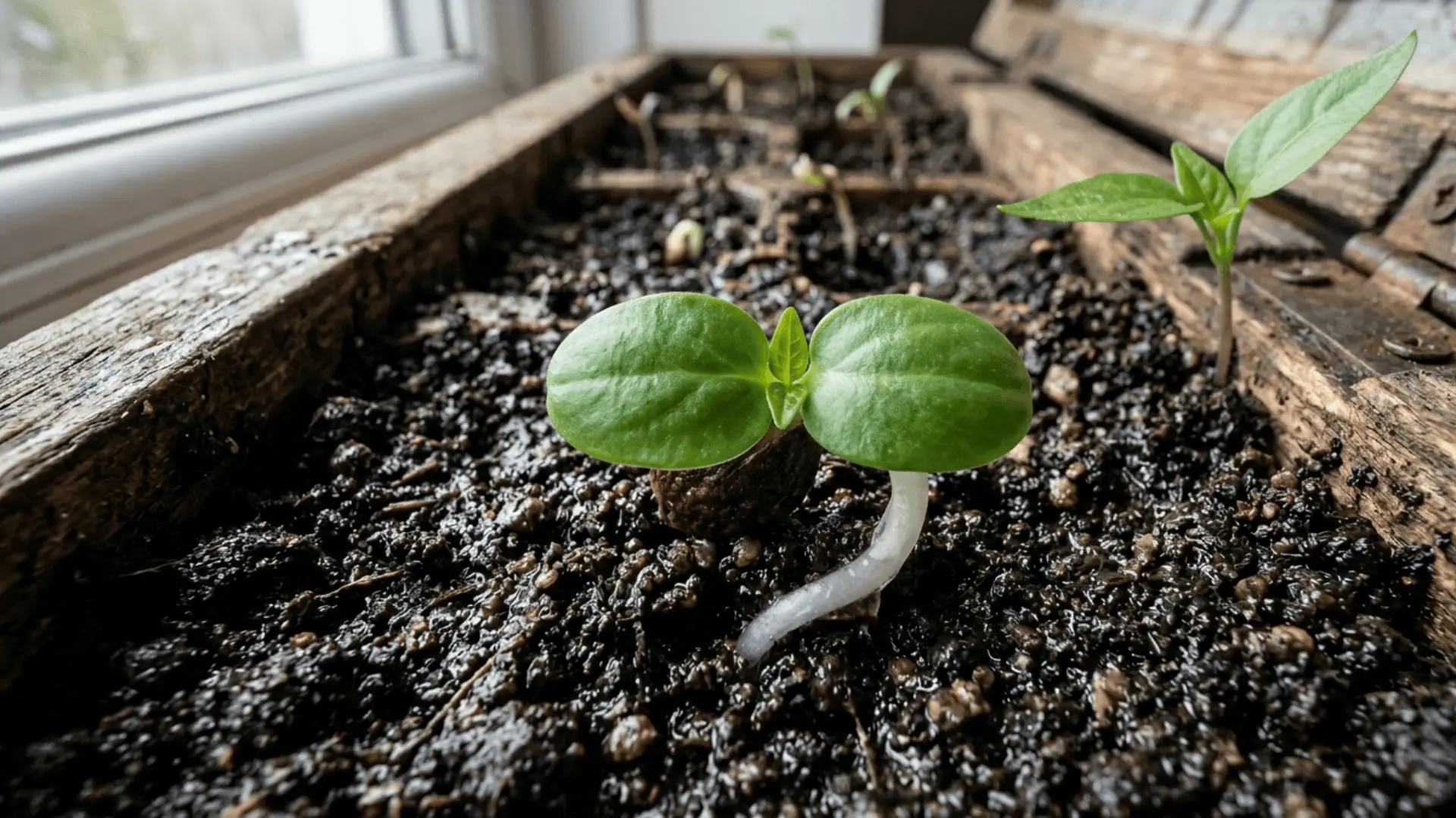 young bell pepper seedling with cotyledons and first true leaves in terracotta pot, natural window light