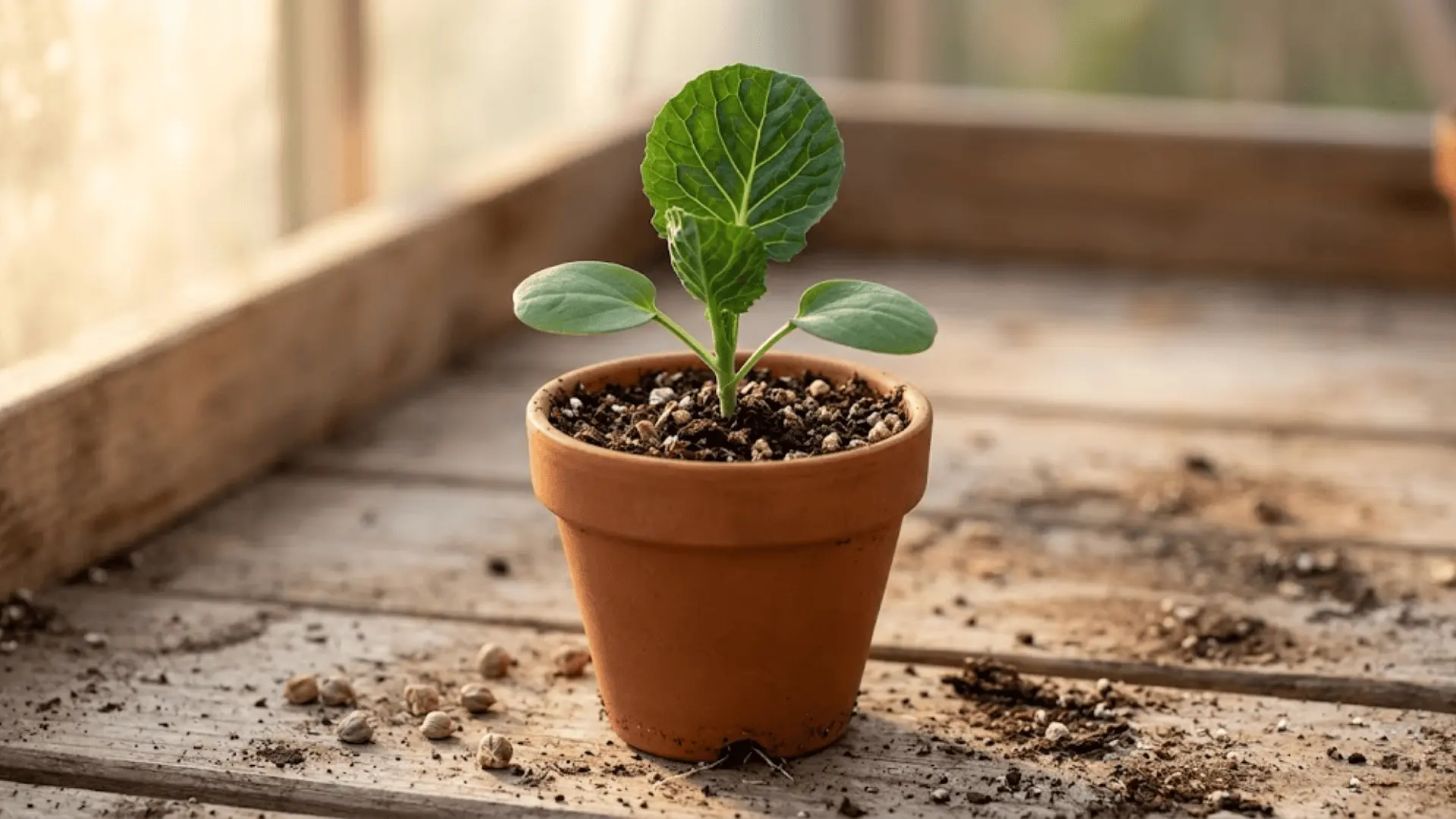 young brussels sprout seedling in terracotta pot with first true leaf unfurling, natural daylight on wooden bench