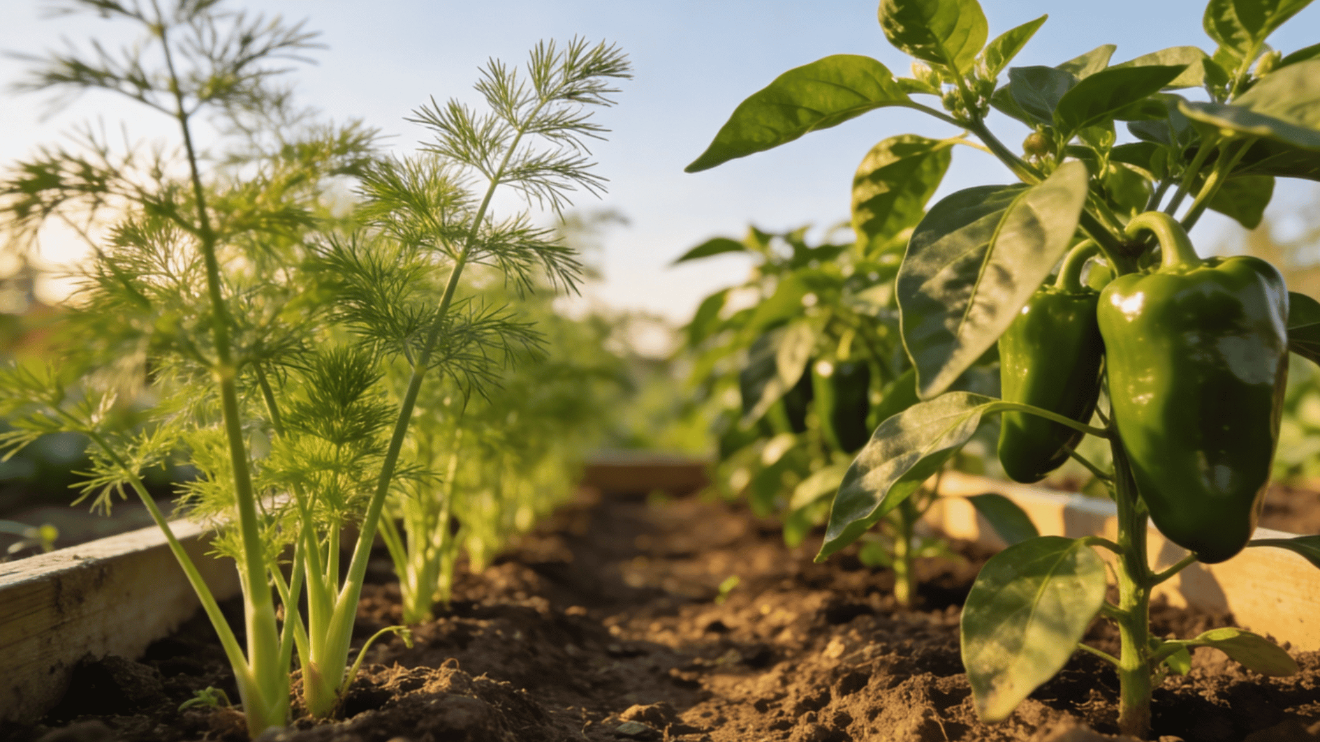 young dill plants with thin feathery leaves growing next to pepper plants in sunlit garden with soft background