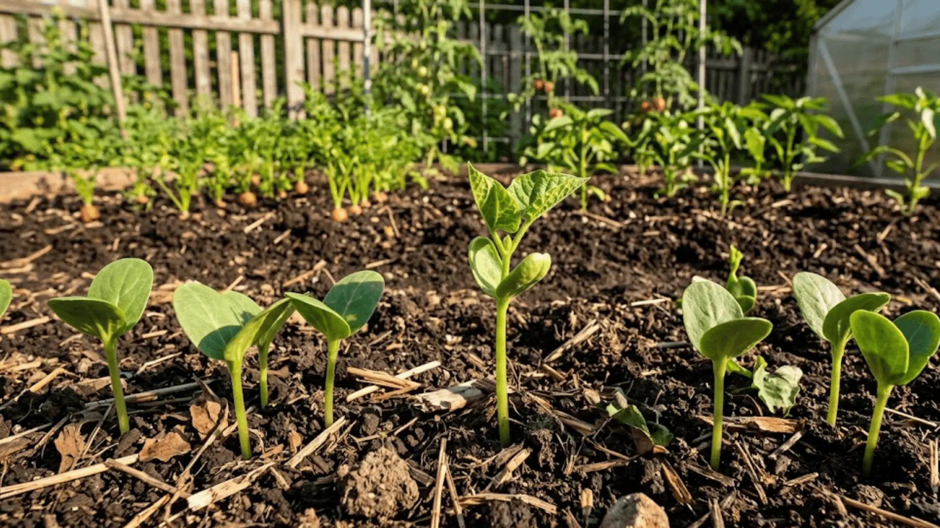 young green bean seedlings with rounded cotyledon leaves emerging from dark rich garden soil in warm sunlight