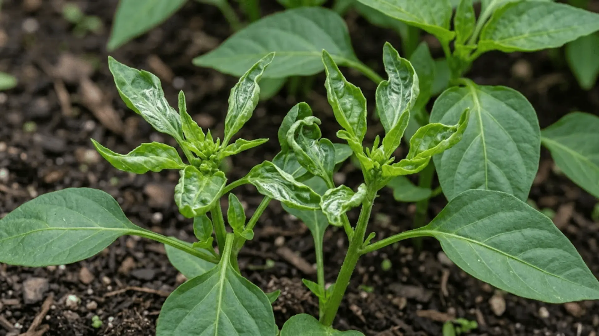 young plant shoots with twisted distorted growth caused by thrips feeding damage in natural light