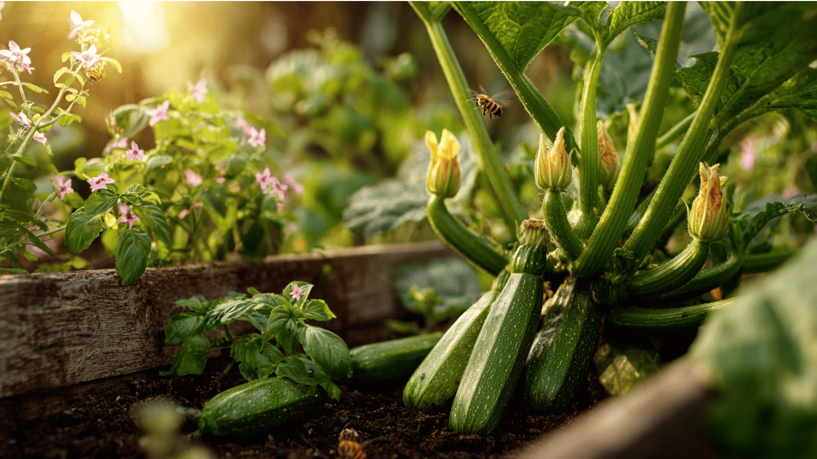 Zucchini and basil growing together with bees nearby in a sunny raised garden filled with green summer crops.