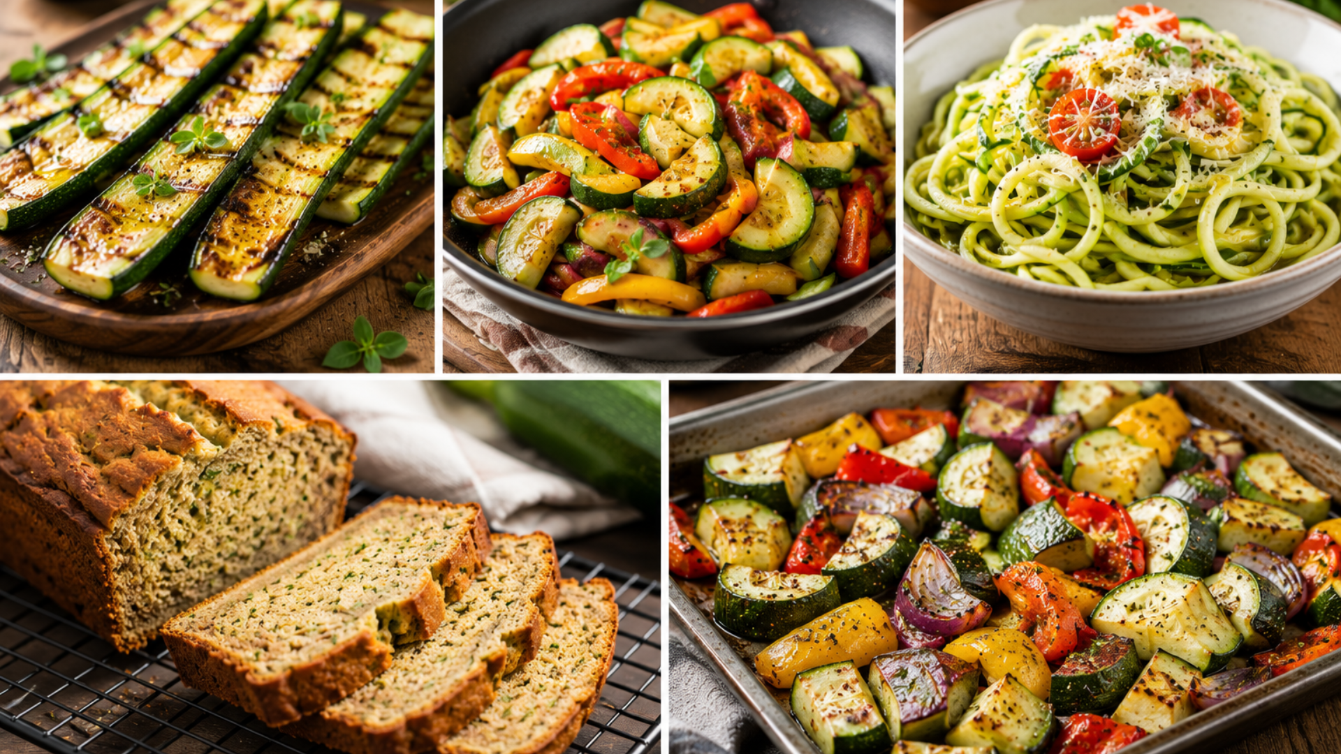 zucchini recipe collage with grilled zucchini stir fry noodles zucchini bread and roasted vegetables on table
