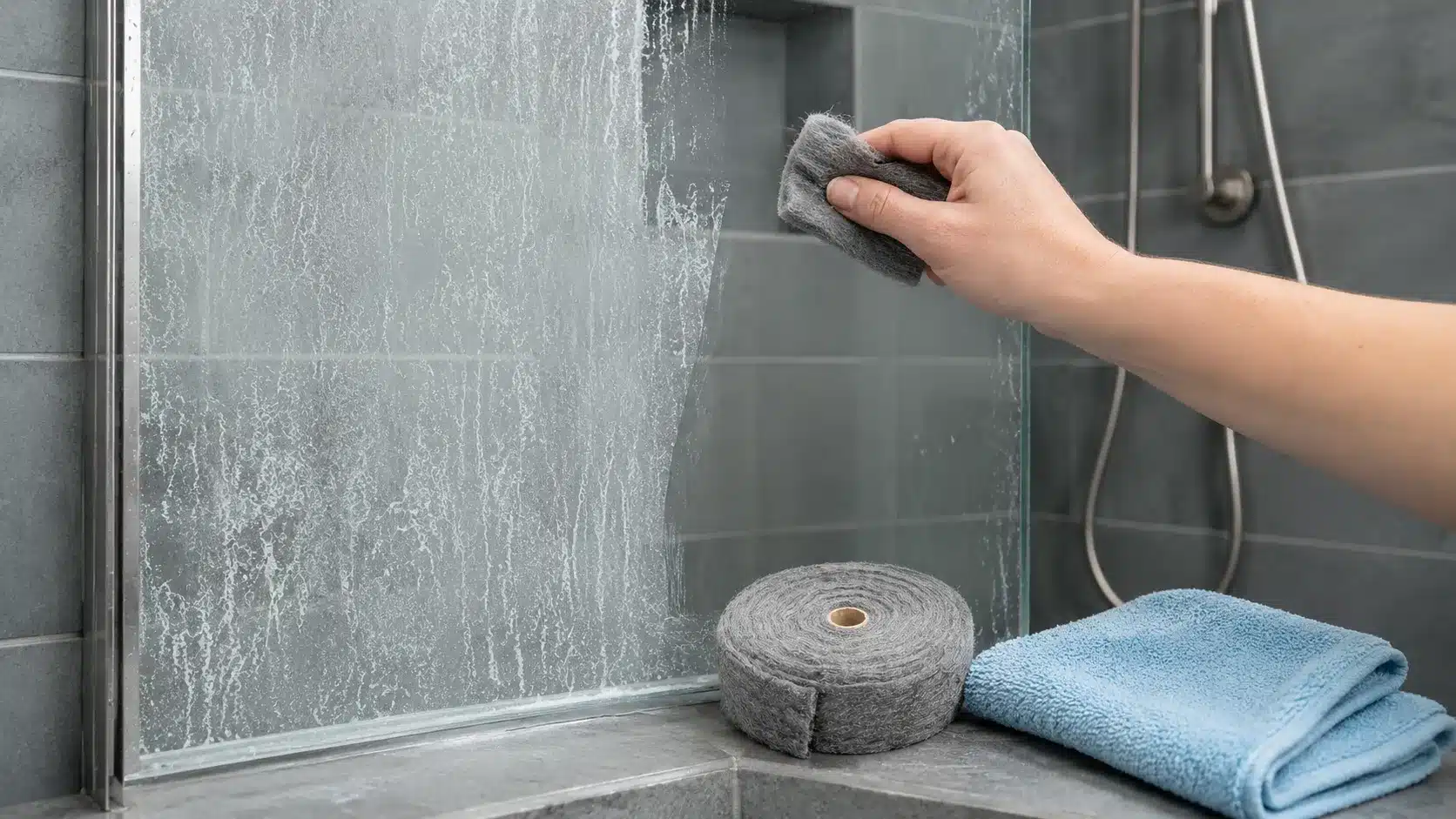0000 steel wool removing heavy hard water buildup from shower glass with microfiber towel nearby