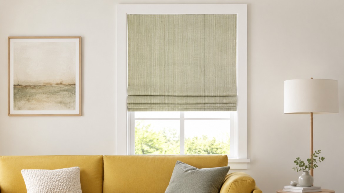 a cozy living room with a yellow sofa, light green Roman shade, neutral-toned abstract art