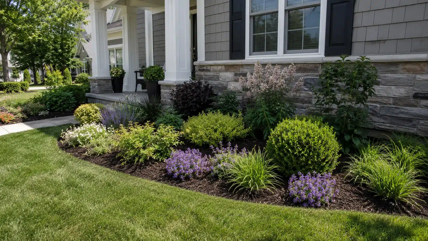 a curved flower bed adds shape and softness to a plain small front yard