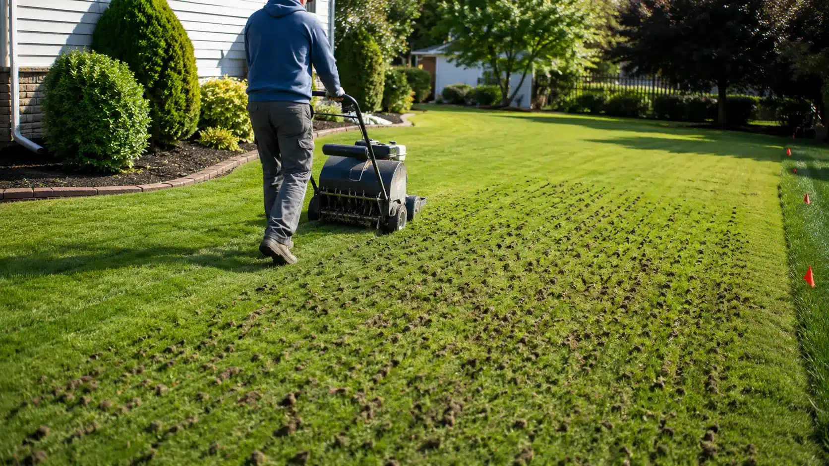 a dethatching rake pulls brown thatch from grass before lawn aeration