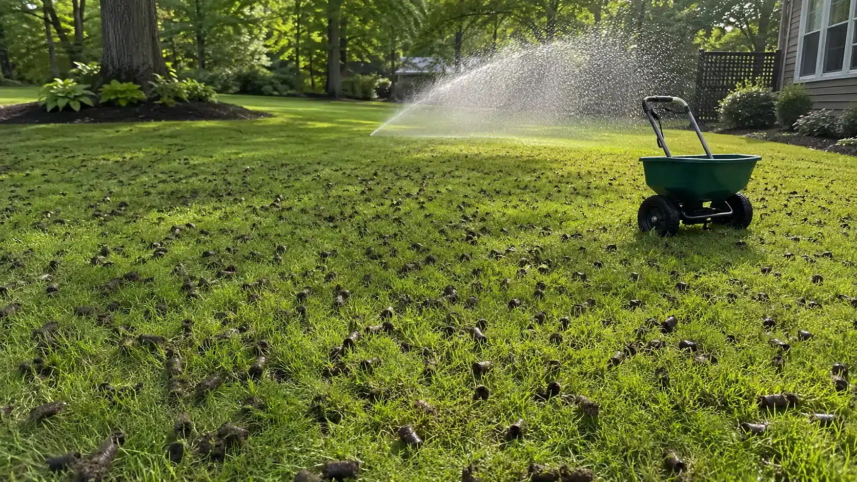 a freshly aerated lawn is watered with soil plugs and a seed spreader nearby