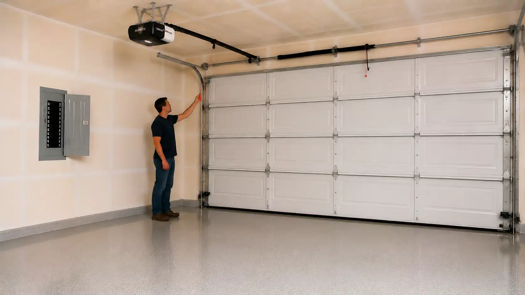 a man stands in a garage, reaching up to pull the red emergency release cord on a white garage door near the opener