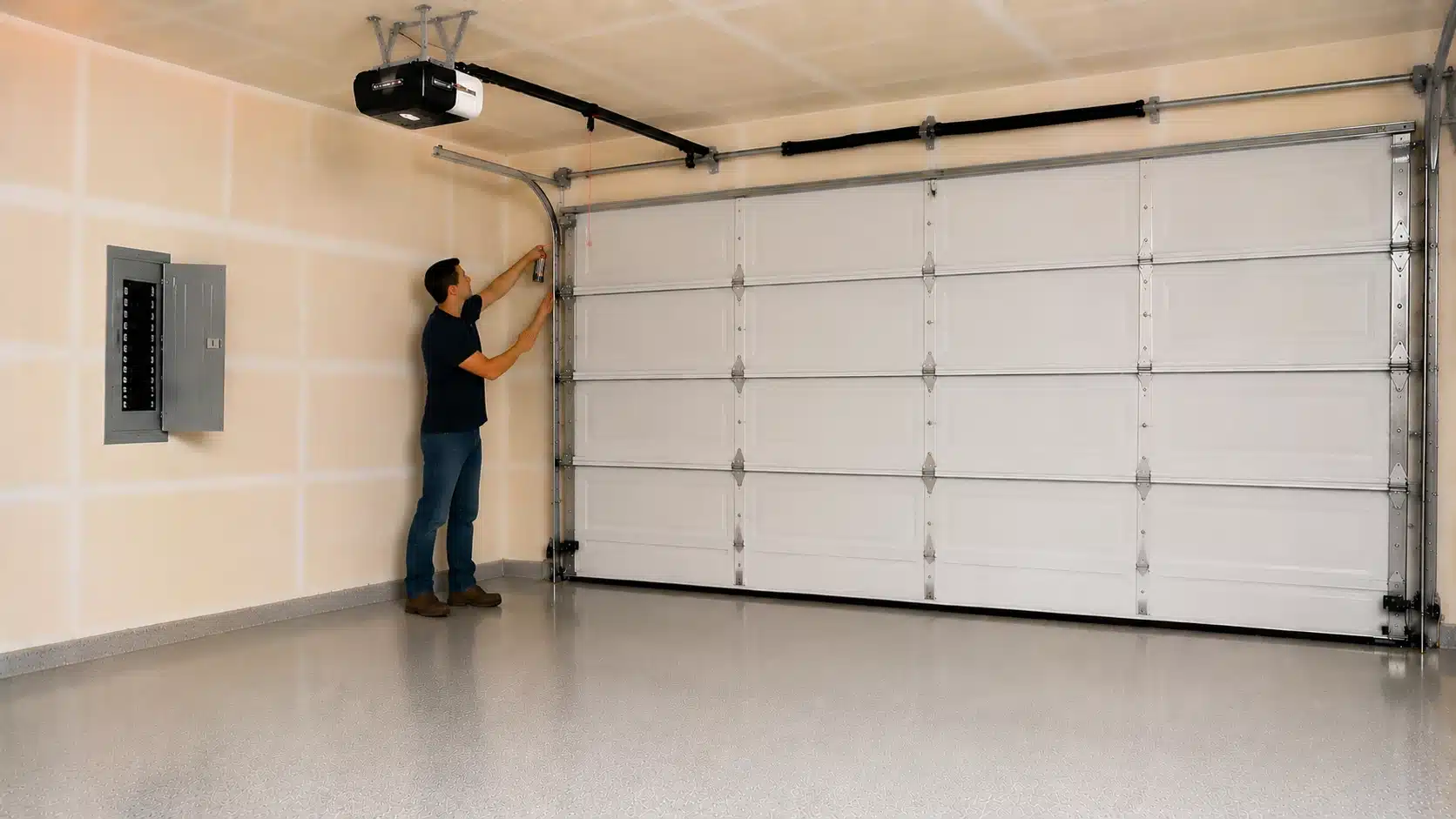 a man stands in a garage, spraying lubricant on the metal tracks of a white garage door near the ceiling-mounted opener