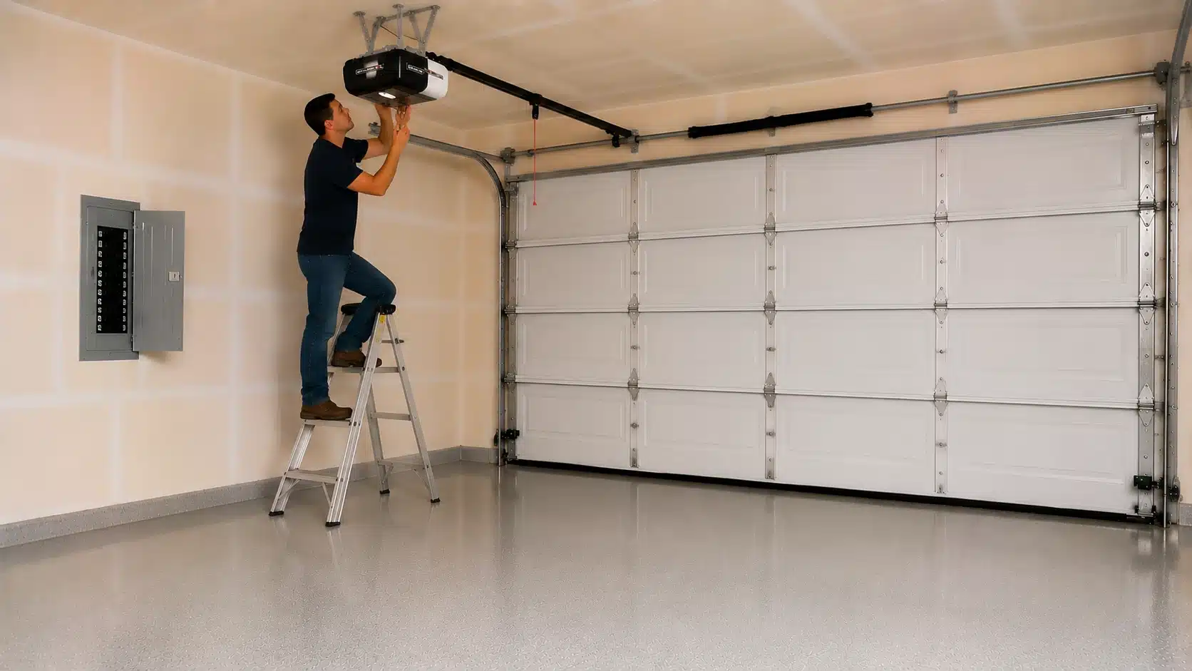 a man stands on a ladder in a garage inspecting a ceiling-mounted garage door opener above a closed white sectional door