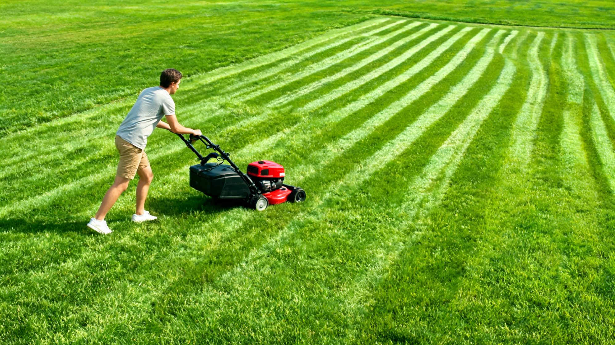 a person pushing a red lawn mower across a freshly cut green lawn with stripes