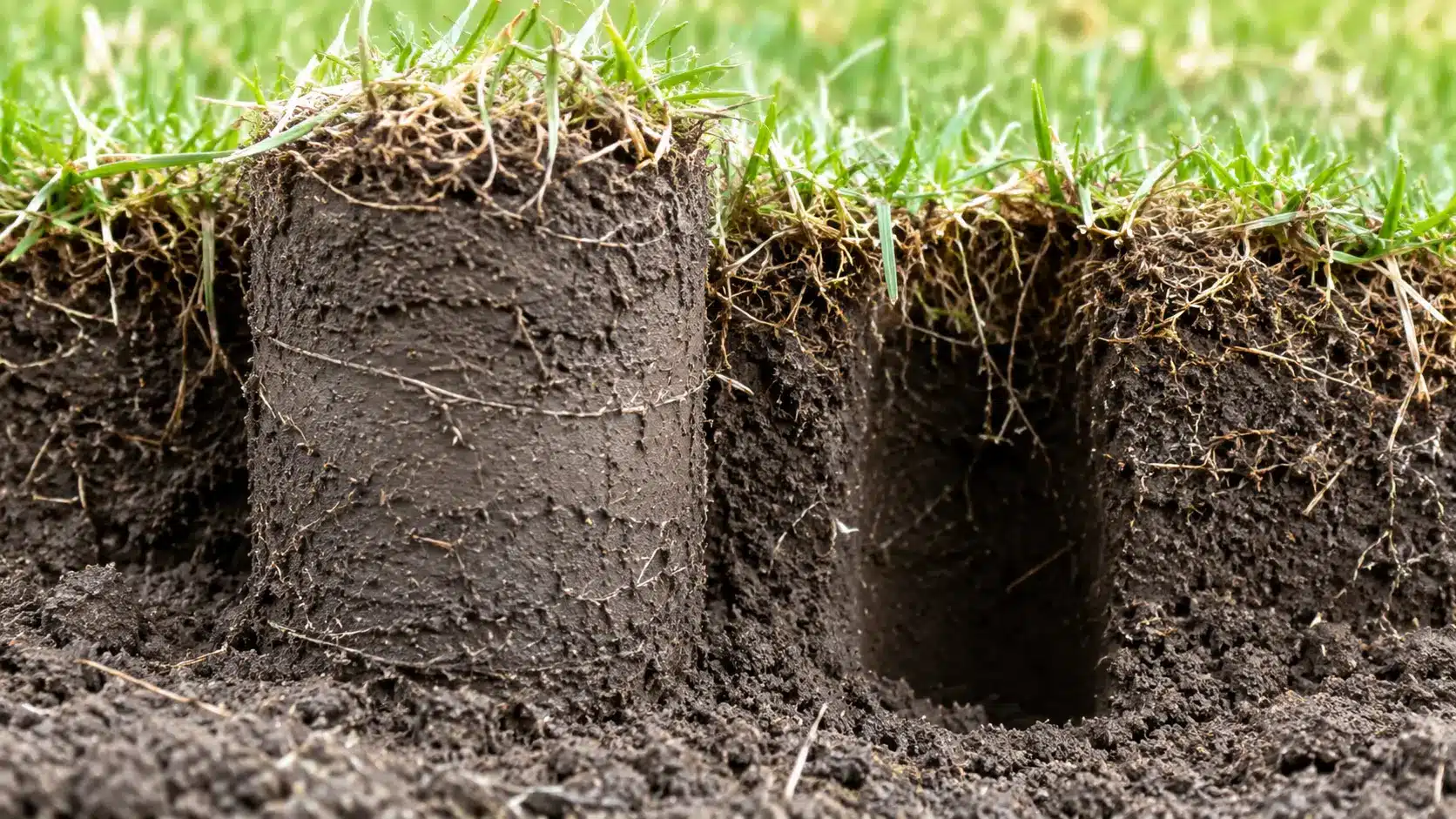 a pulled soil core sits beside a clean aeration hole with visible grass roots
