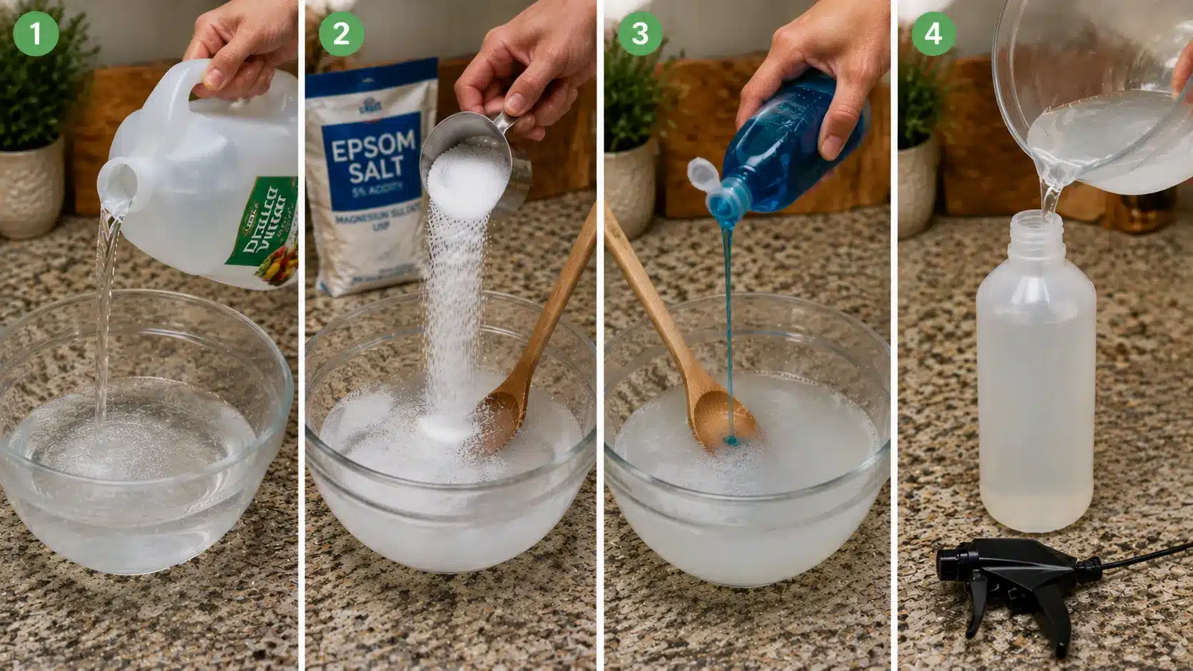 a step-by-step guide to making epsom salt weed killer, showing vinegar, salt, dish soap, and spray bottle preparation