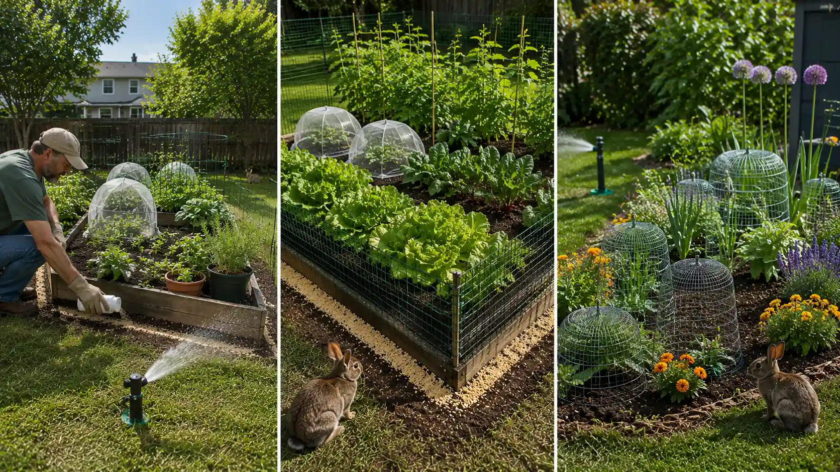 a three-panels shows how to keep rabbits out of garden spaces with covers, fencing, repellents, sprinklers, and cages