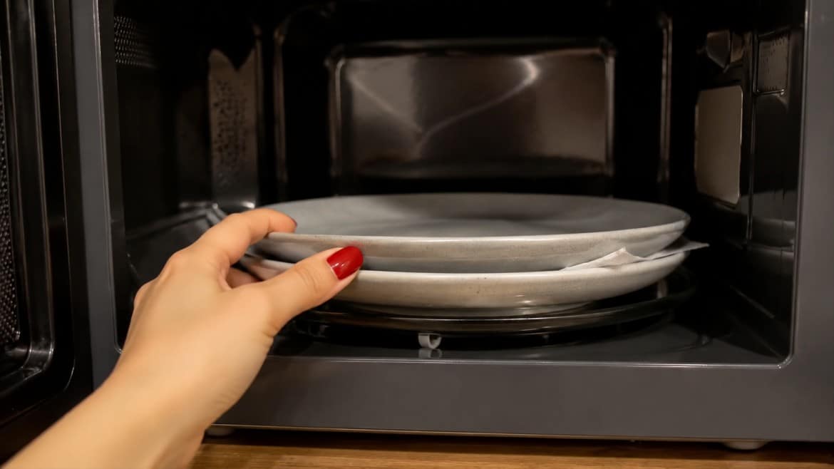 close up of a hand placing grey plates in microwave showing how to preserve flowers drying process