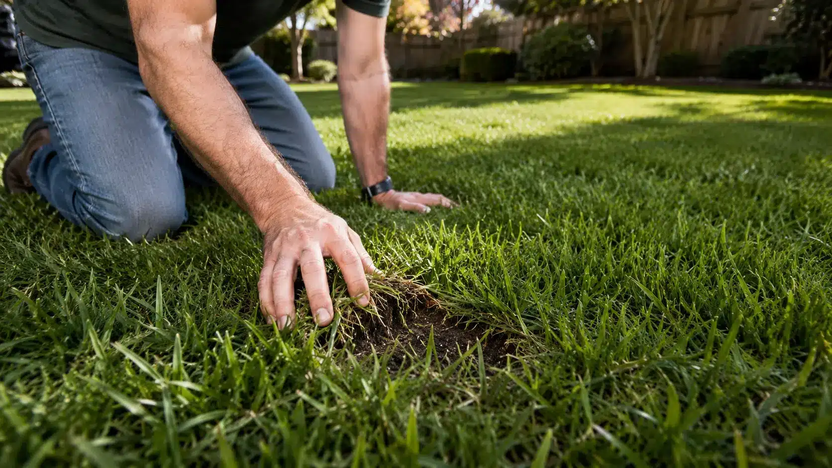homeowner checks thick grass and soil health in a sunny backyard after new growth appears