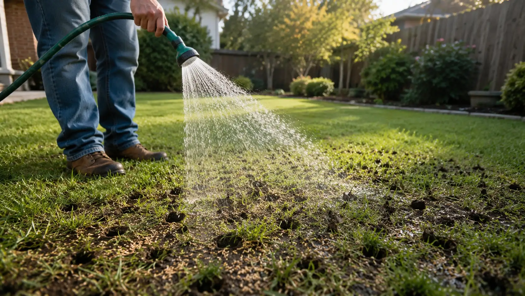 homeowner gently waters seeded lawn holes to support early grass growth and healthier root development