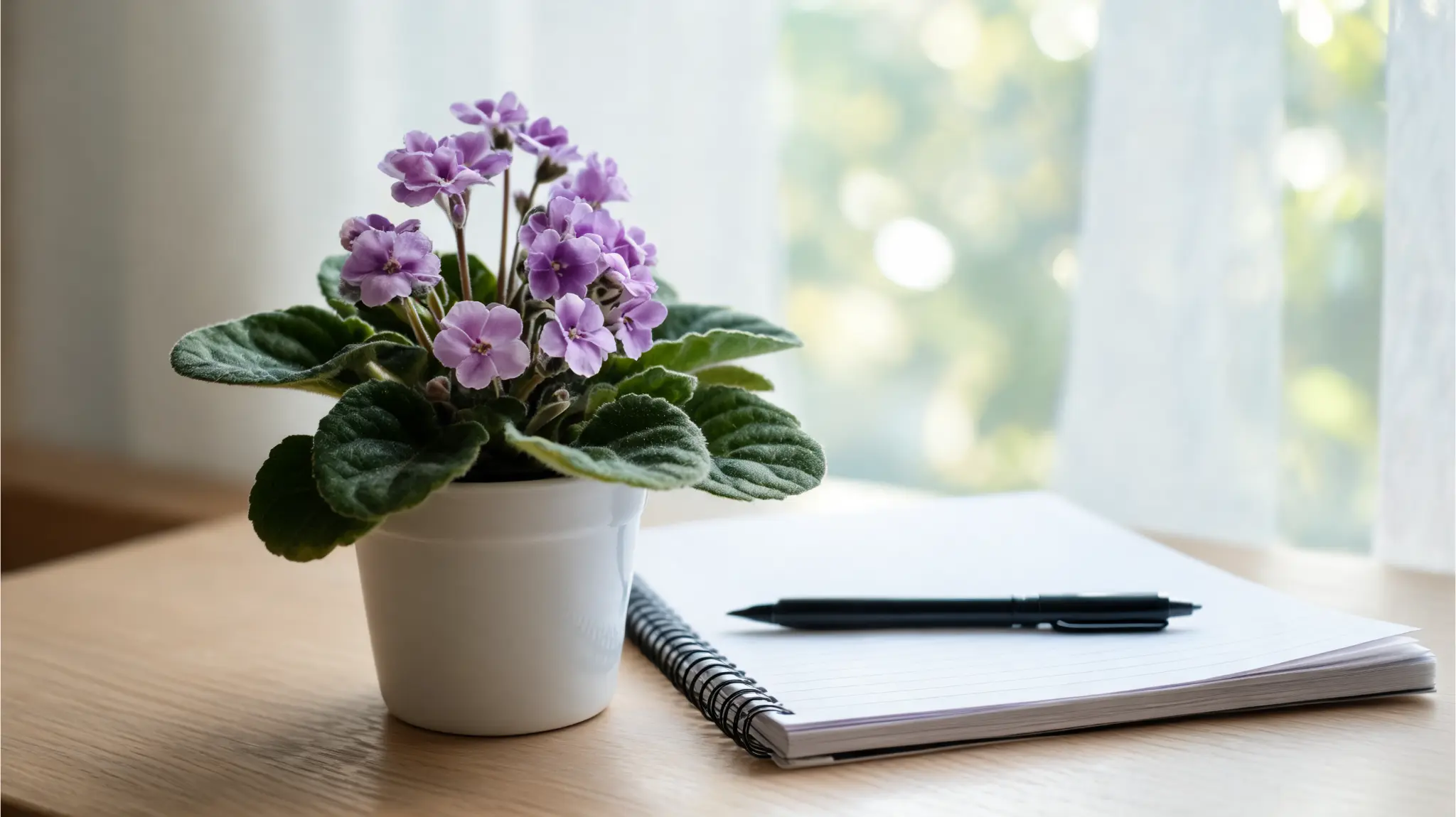 african violet with small flowers in a pot on a bright office desk
