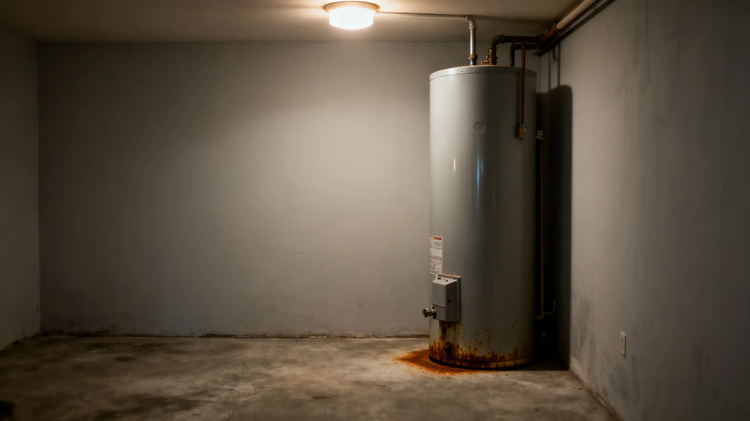 Rusty water heater in dimly lit basement with concrete floor and gray walls