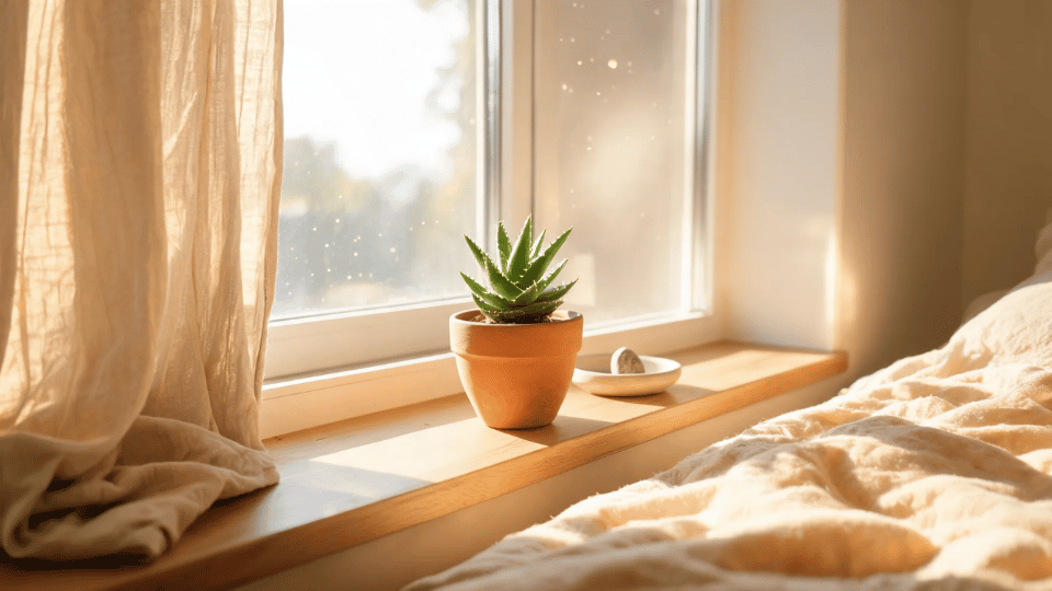 aloe vera on a sunny bedroom windowsill with terracotta pot, linen curtain, and warm bedding