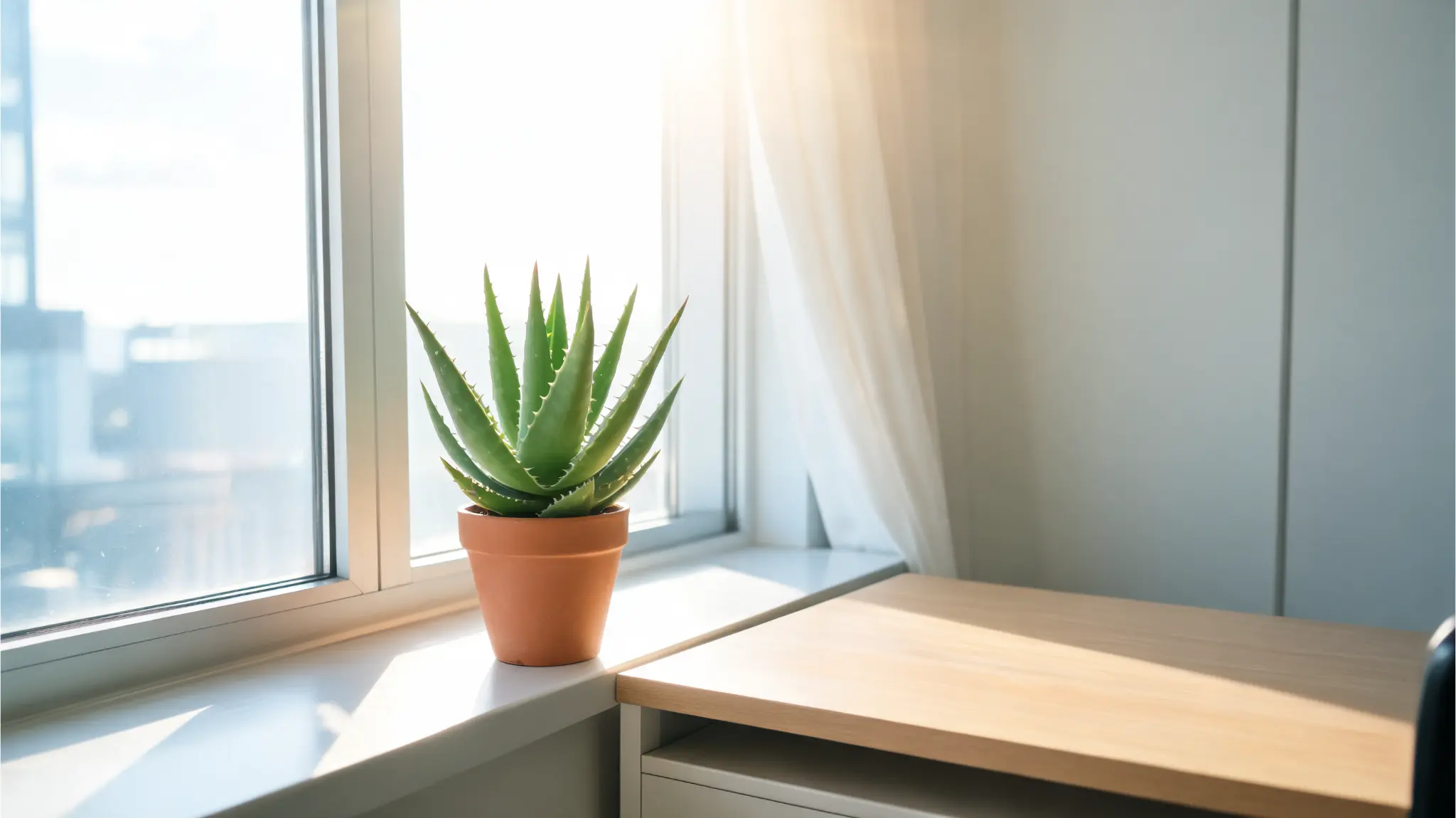 aloe vera plant in a terracotta pot on a bright office window ledge