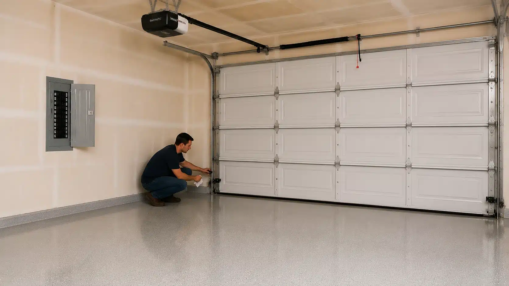 a man kneels in a clean garage, adjusting a garage door opener near the bottom of a closed white sectional garage door